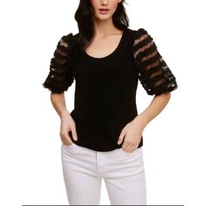 Fever Womens Black Ribbed Knit Top Ruffle Mesh Puff Sleeve Scoop Neck Small